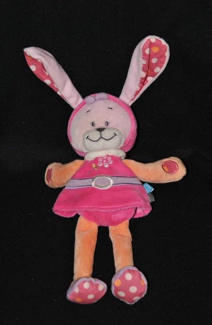 Peluche doudou lapin TEX Carrefour capuche rose fushia orange fleur 28 cm NEUF