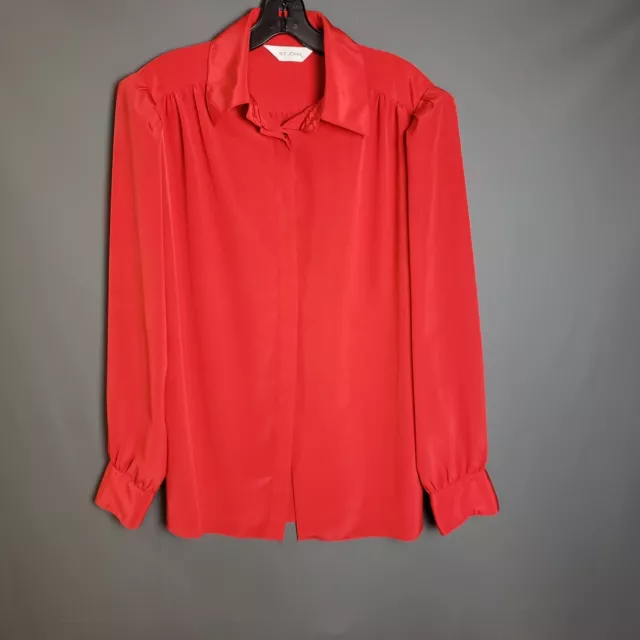 ST. JOHN VINTAGE Blouse Women's 12 Red/Orange 1980s Puff Shoulder Button Up