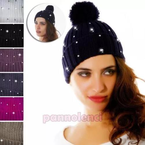 Sombrero Tejido de Punto de Invierno Pom-Pom Pedrería Gorra Mujer Nuevo M-3245