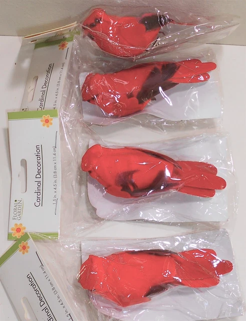 4 NIP Red Cardinal Birds Feather Tails Flocked Body w/ Metal Clip On 4 1/2" Long