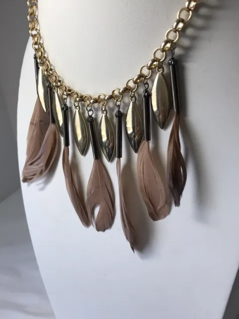 Charming Charlie necklace with hanging tan / brown feathers, Gold Tone 2