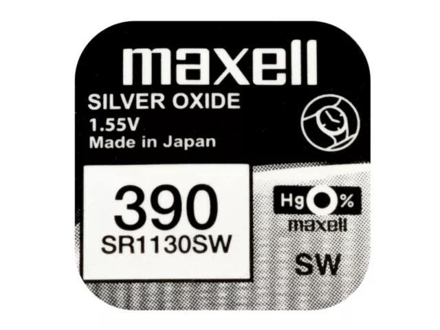 Maxell 390 Pila Batteria Orologio Mercury Free Silver Oxide SR1130SW Japan 1.55V