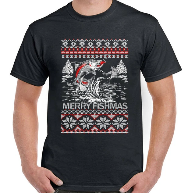 Fishing Xmas T-Shirt Merry Fishmas Mens Funny Fisherman Angler Fish Rod Reel