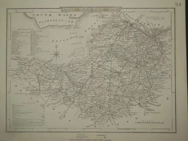 Antiquarian SOMERSETSHIRE Map (c1845) Somerset, English County, Archer, Dugdale