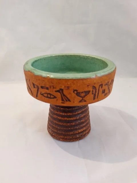 Vintage Ceramic Studio Pottery Candle Holder Hieroglyphic Border Brown And Green