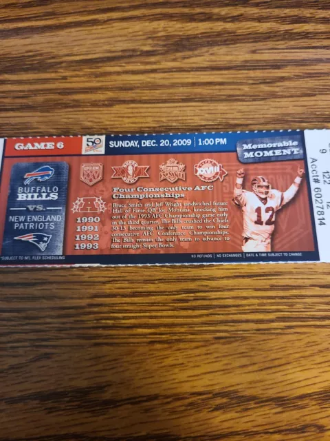New England Patriots @ Buffalo Bills Unused Ticket Stub 12/20/2009 Jim Kelly