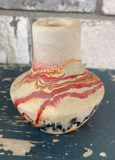 Nemadji Indian Pottery Native Clay Vase Red Orange  Swirl 3.25"