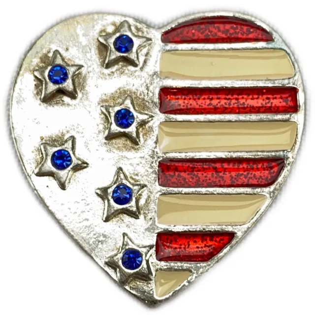 VTG Patriotic Heart Flag Pin Brooch by AJMC Blue Rhinestones Red & White Enamel