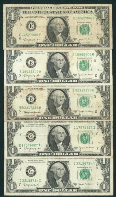 ((FIVE NOTES)) $1 1963 B ((JOSEPH BARR)) Federal Reserve Note DAILY CURRENCY