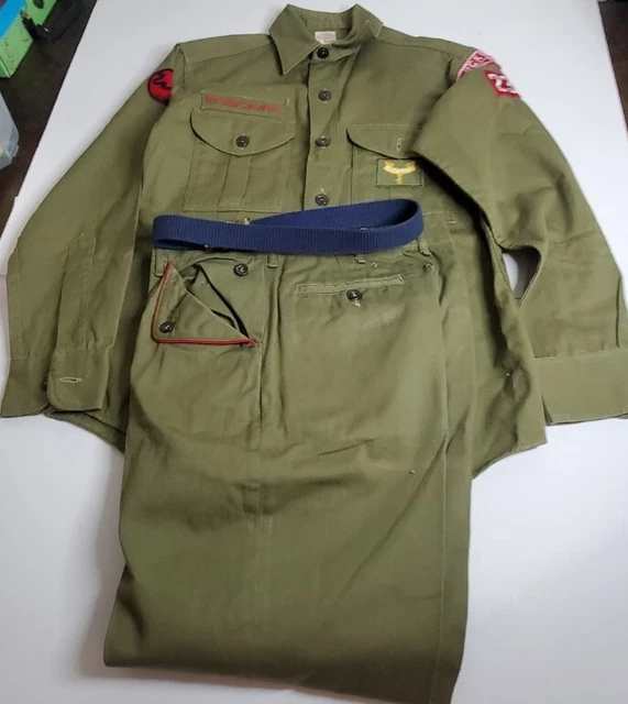 VTH BOY SCOUT Uniform 1970's Shirt, Pants Belt Hickory NC 23 W/Patches