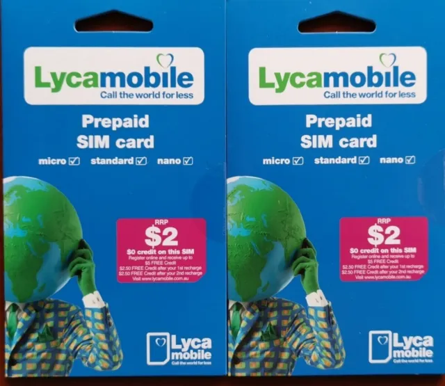 2 x Lyca $2 Australia sim card PAYG Prepaid SIM Starter (free post with in AU)