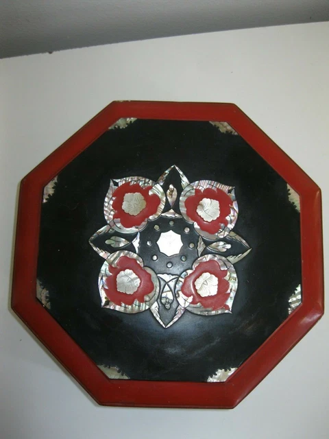 Vintage Asian Lacquerware OCTAGON Jewelry Box 10" Inlaid Mother of Pearl Wood