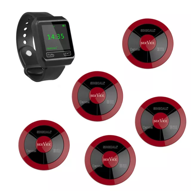 SINGCALL Wireless Restaurant Calling Waiter System 1 Watch, 5 Pagers for Hotel