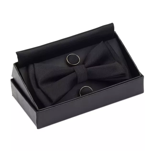 Black Dickie Bow Tie Tuxedo Set Including Hankie Pocket Square Cufflinks Formal