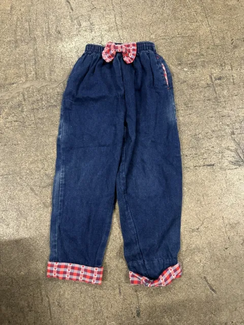 Vintage 90s USA Oshkosh Girls 4T Pants Jeans Denim Red Floral Plaid Cuffed