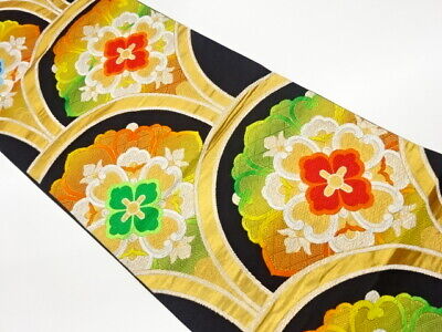 6259105: Japanese Kimono / Vintage Fukuro Obi / Woven Seigaiha & Flower Crest