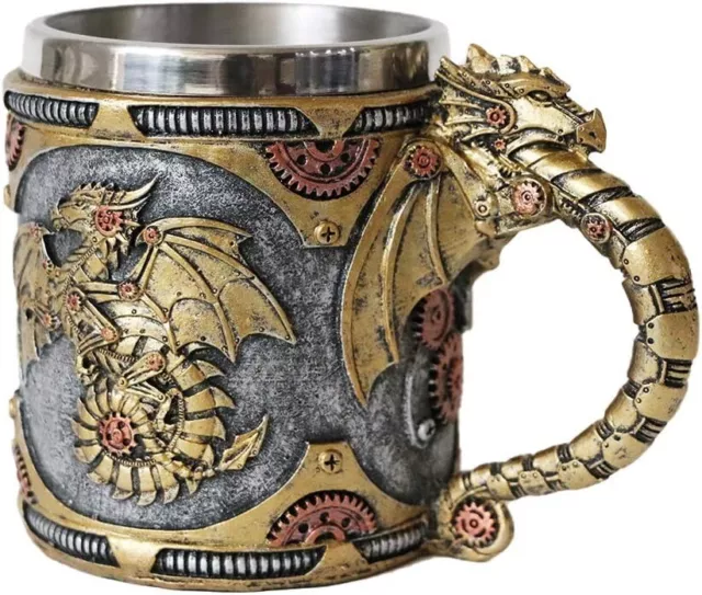 Retro Gift - golden steampunk mechanical Fire Wheel dragon HAND PAINTED Mug