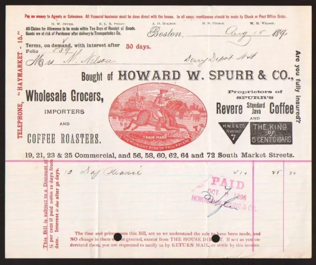 Paul Revere Ride Coffee Cigars Howard W Spurr Boston 1896 RARE Billhead history