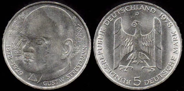 Deutschland 1978 • 5 DM Silber-Gedenkmünze • 100. Geburtstag Gustav Stresemann