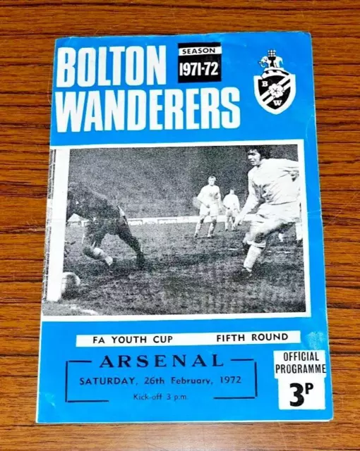 Bolton Wanderers vs Arsenal FA Youth Cup Matchday Programme 26/2/1972