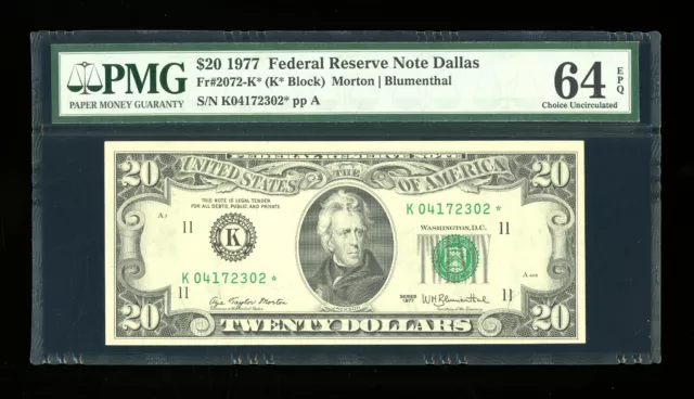 DBR 1977 $20 FRN Dallas STAR Fr. 2072-K* PMG 64 EPQ Serial K04172302*