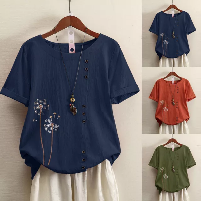 Women Cotton Linen Floral Boho Tops T Shirt Summer Short Sleeve Loose Blouse Tee