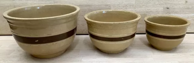 3 USA POTTERY MIXING Nesting BOWLS BROWN GLAZED STONEWARE Ovenware 6,8, & 10"