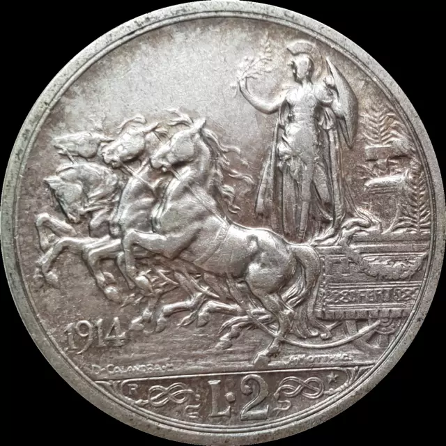 Italy 1914 aUnc 2 Lire Lira Silver Coin Quadriga Lire Victor Emmanuel III