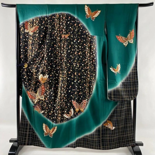 Woman Japanese Kimono Furisode Silk Butterfly CherryBlossom GoldFoil Black Green
