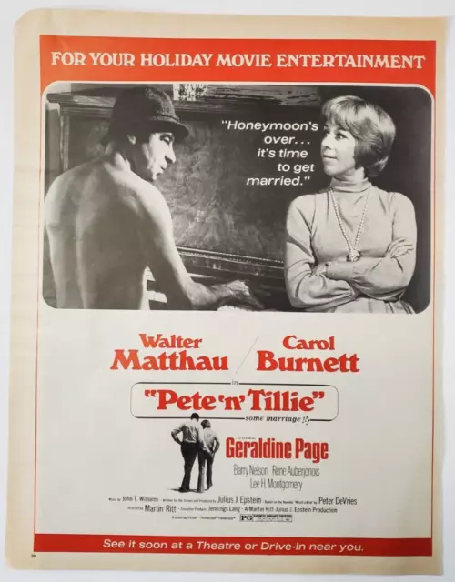 1972 Pete n Tillie Vintage Movie Print Ad Walter Matthau Carol Burnett