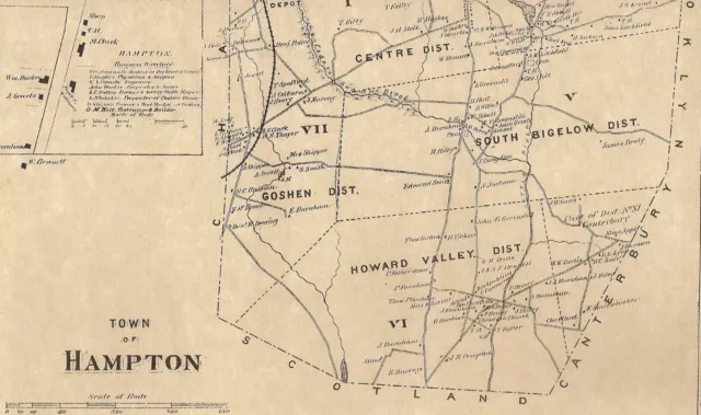 Hampton CT 1869 Map with Business and Homeowners Names Shown