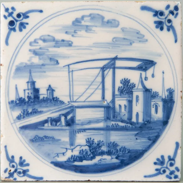 Nice Dutch Delft Blue fine painted tile, castle with a bridge, 18th. century.