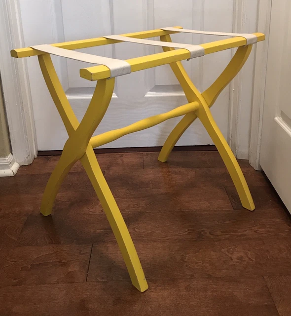 Vintage Scheibe Wooden Folding Luggage Suitcase Yellow Rack Hotel Stand Straps