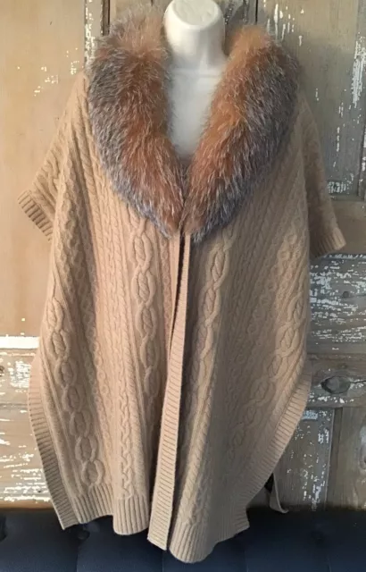 Sofia Cashmere Cardigan Wrap 100% Cashmere Fox Fur Trim Beige O/S