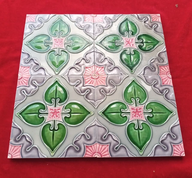 4 Piece Art Deco Floral Embossed Design Majolica Ceramic Tiles Japan 0396 2