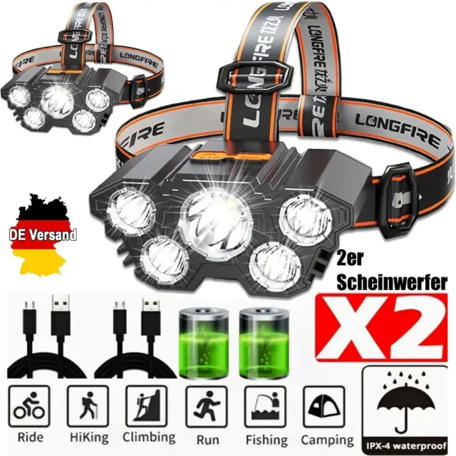 2er Super Hell 100000 LM LED Stirnlampe USB SCHEINWERFER Kopflampe Taschenlampe