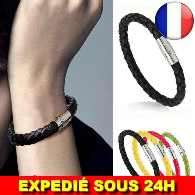 ✅ Bracelet Homme Femme Cuir Bijoux Idée Cadeau Gourmette Accessoire Mousqueton