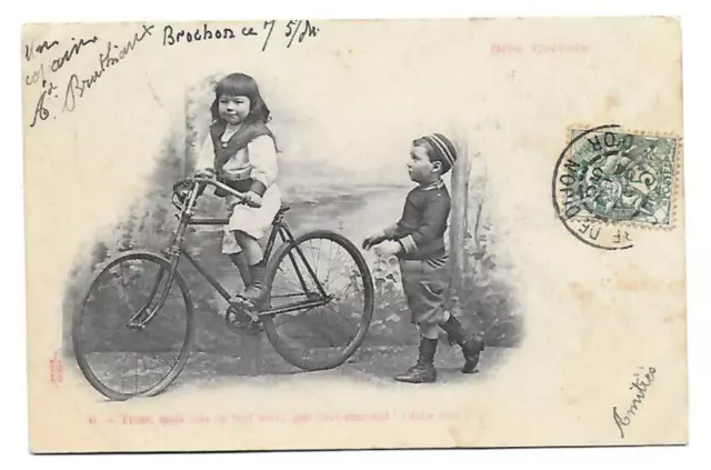 CPA carte postale ancienne 1904 garçons la leçon de bicyclette vélo enfants