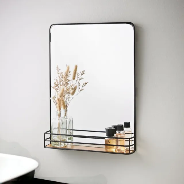 Bathroom Mirror Wood Shelf Metal Frame Mirror Wall Mounted With Cosmetics Shelf