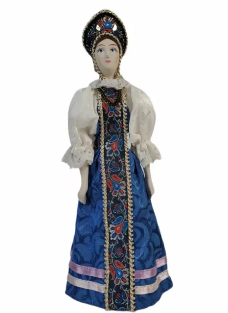 VTG Russian Porcelain Doll 10” Handmade Folk Art Doll Painted Face Blue/White