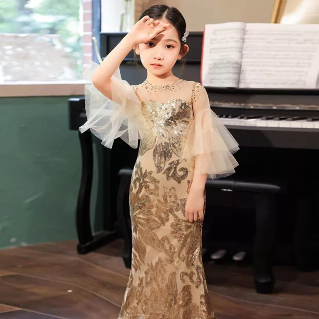 Luxury Golden Beads Princess Flower Girl Dress Baby Kids Wedding Party Costumes 2