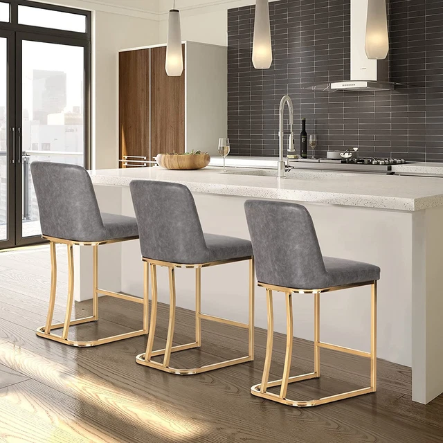 BAR STOOLS SET of 3 PU Leather Grey Bar Chair Breakfast Kitchen Chairs