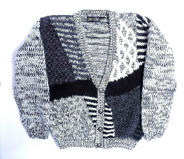 Vintage Sweater Cardigan Abstract Tweed Black MOD Reto Large