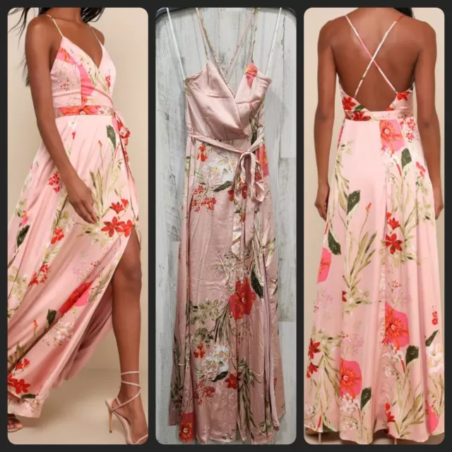 LULUS Size XS Still the One Blush Pink Floral Print Satin Maxi Dress**NWOT**