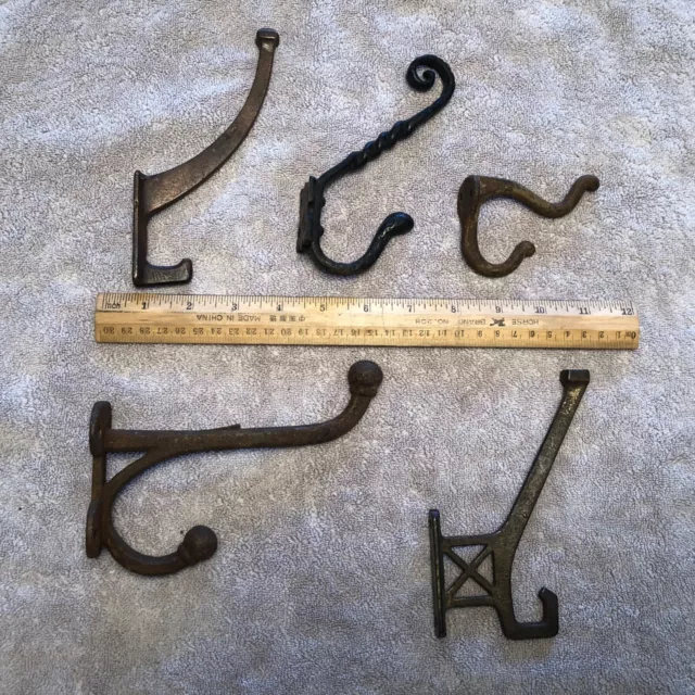 Five Non-Matching Vintage Coat Hooks Made of Iron and Brass