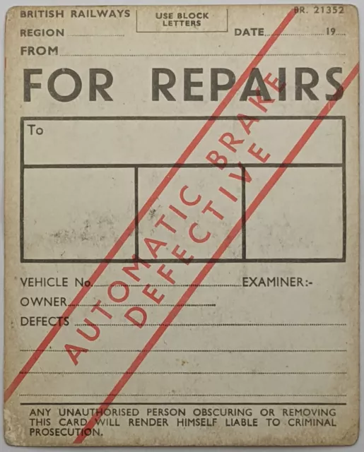 British Railways; Wagon Label 'For Repairs - Hand Brake Inoperative', BR 21353