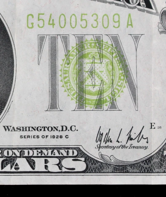 SINGLE RUN $10 1928C light vivid yellow-green FRN G54005309A series C, Chicago
