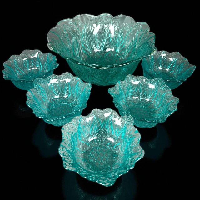 Service à Dessert Vintage – Saladier + 5 Coupelles Fleurs Bleues