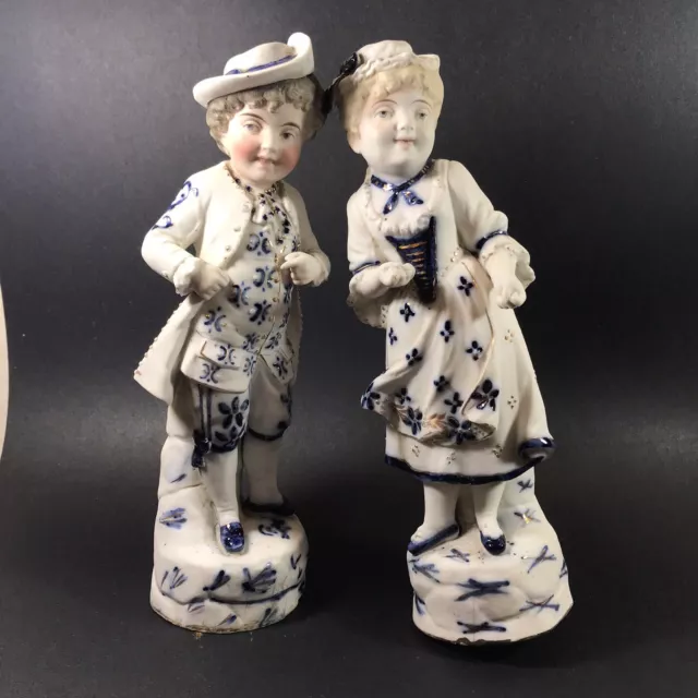 Set 2 Bisque Figurines Man Woman Blue Gold 12" Tall 5388 Read Description