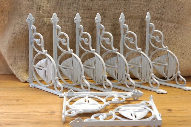 8 Cast Iron White Sail Boat Nautical Brackets Garden Braces Shelf Corbels Nautic